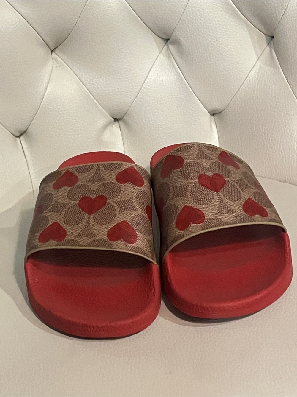 Coach Red Slide Sandals with Signature Heart Print Beautiful Eye Catching - Picture 4 of 10